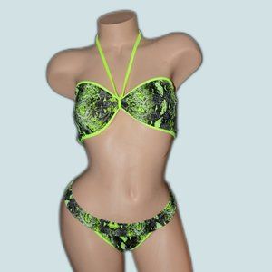 Fluorescent Neon Yellow Snakeskin Print Tube Top Two Piece Bikini Set